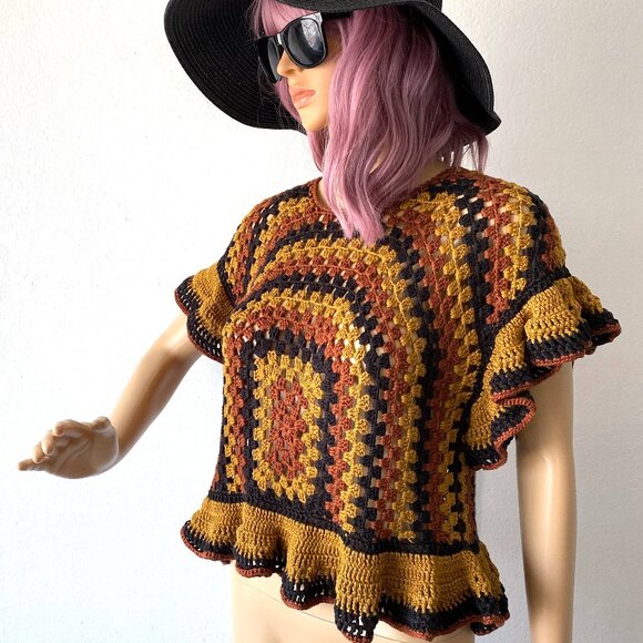 Crochet Knit Top Boho Chic Ruffled Crop Sweater Groovy Hippie Bohemian ZARA M - Picture 3 of 5